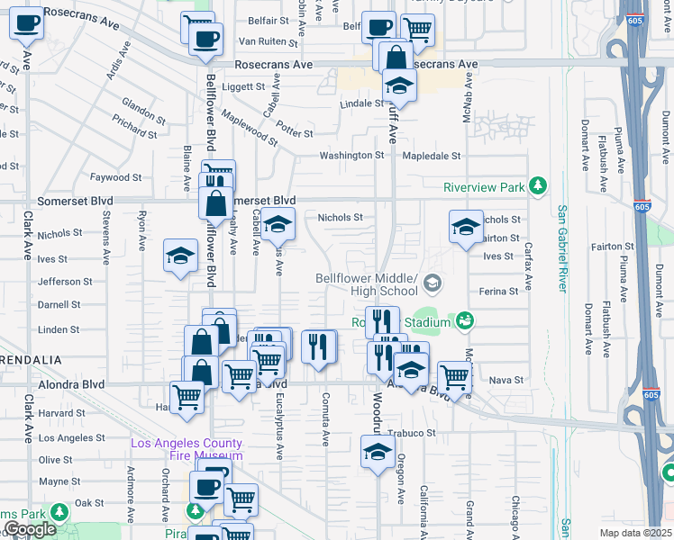 map of restaurants, bars, coffee shops, grocery stores, and more near 15404 Cornuta Avenue in Bellflower
