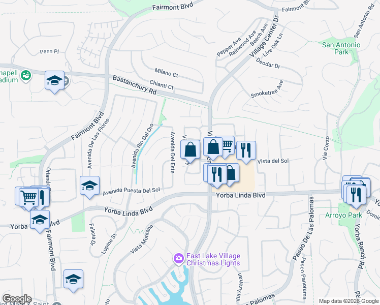 map of restaurants, bars, coffee shops, grocery stores, and more near 20406 Vía Don Juan in Yorba Linda