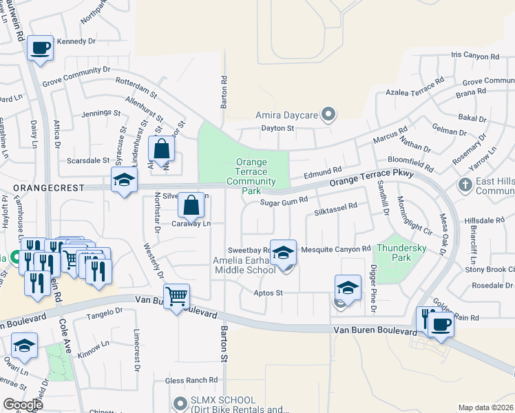 map of restaurants, bars, coffee shops, grocery stores, and more near 20083 Sugar Gum Road in Riverside