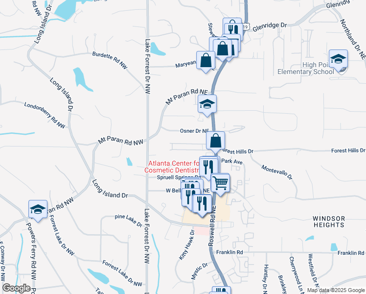 map of restaurants, bars, coffee shops, grocery stores, and more near 5245 Chemin De Vie Northeast in Sandy Springs
