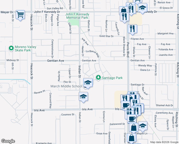 map of restaurants, bars, coffee shops, grocery stores, and more near 15565 Avenger Drive in Moreno Valley