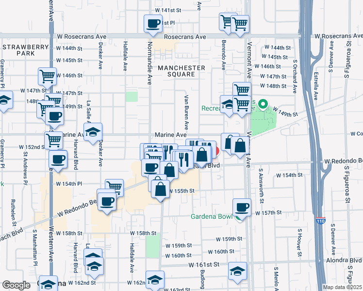 map of restaurants, bars, coffee shops, grocery stores, and more near 15130 South Raymond Avenue in Gardena