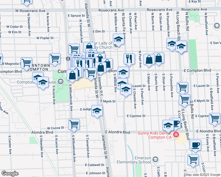 map of restaurants, bars, coffee shops, grocery stores, and more near 412 East Laurel Street in Compton