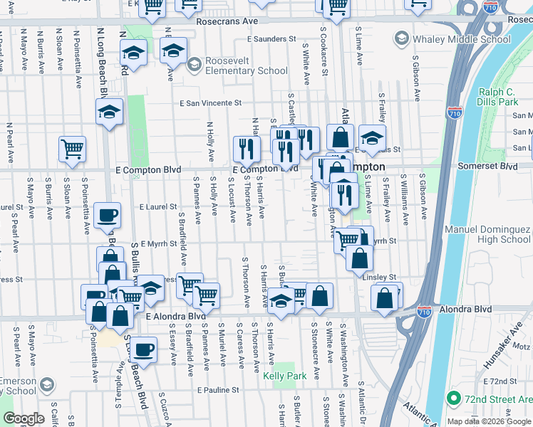 map of restaurants, bars, coffee shops, grocery stores, and more near 310 South Harris Avenue in Compton