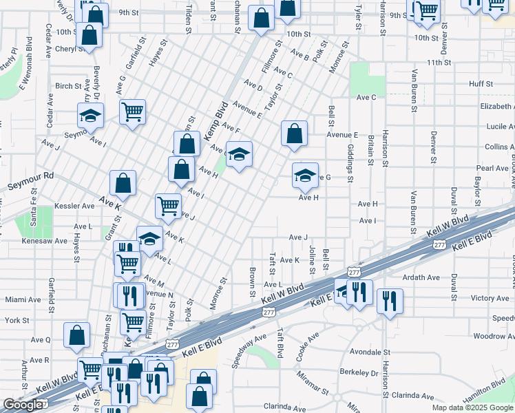 map of restaurants, bars, coffee shops, grocery stores, and more near 1804 Monroe Street in Wichita Falls