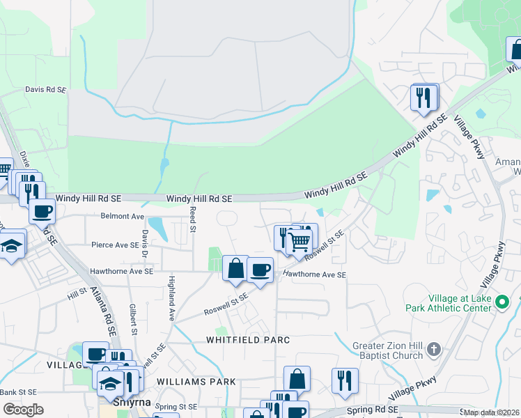 map of restaurants, bars, coffee shops, grocery stores, and more near 2948 Cottesford Drive Southeast in Smyrna