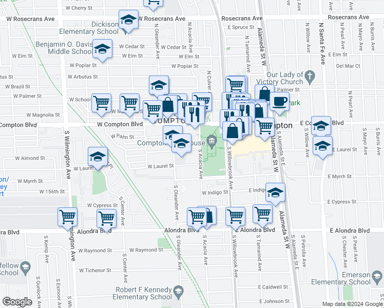 map of restaurants, bars, coffee shops, grocery stores, and more near 314 West Almond Street in Compton
