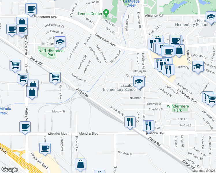 map of restaurants, bars, coffee shops, grocery stores, and more near 15203 Vanada Road in La Mirada