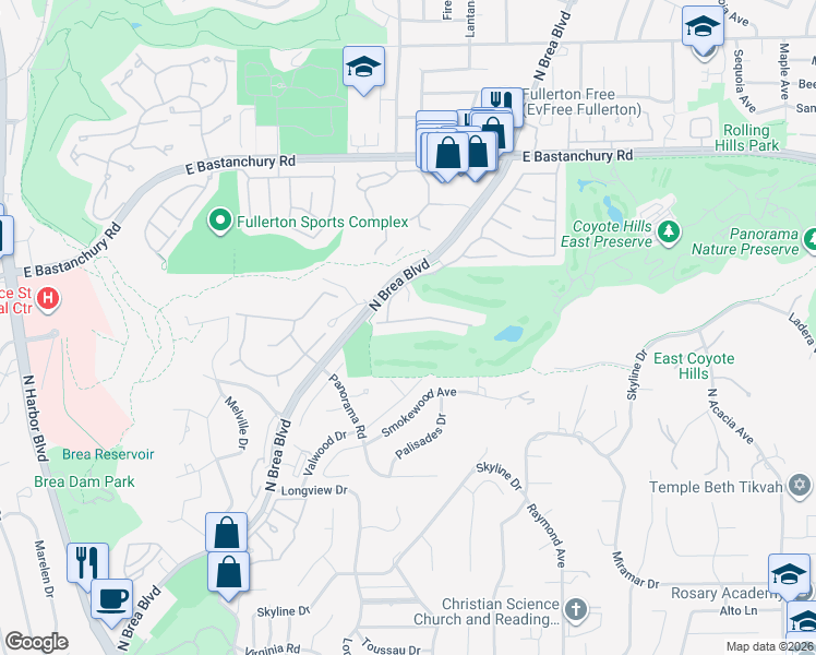 map of restaurants, bars, coffee shops, grocery stores, and more near 1290 Canterbury Lane in Fullerton