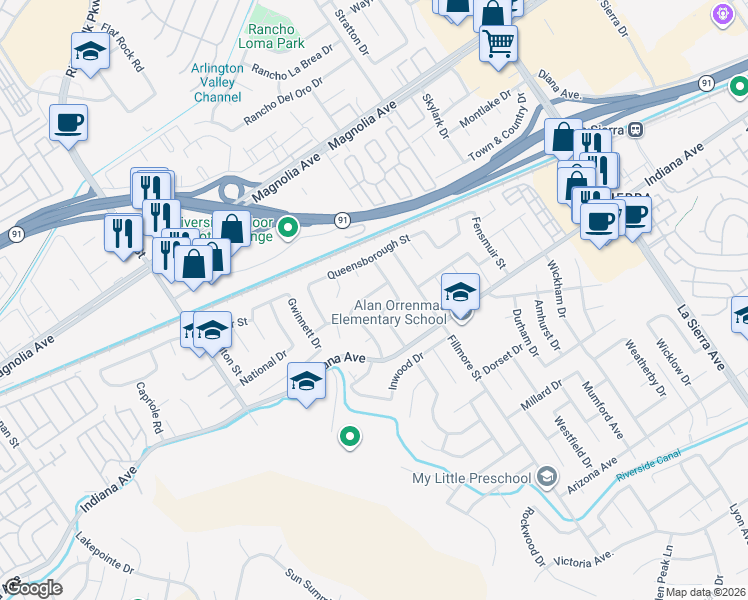 map of restaurants, bars, coffee shops, grocery stores, and more near 11568 Freedom Trail in Riverside