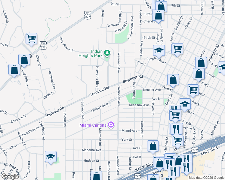map of restaurants, bars, coffee shops, grocery stores, and more near 3303 Seymour Road in Wichita Falls