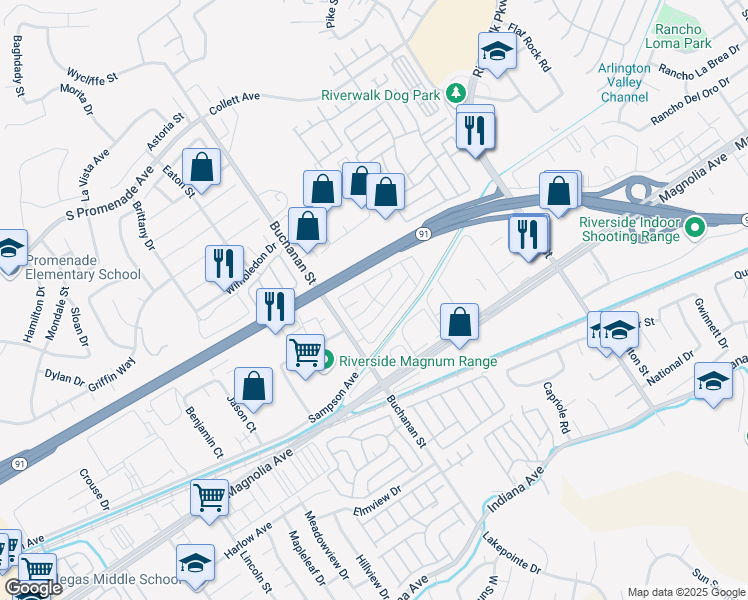 map of restaurants, bars, coffee shops, grocery stores, and more near Sierra Pines Mobile Home Park in Riverside