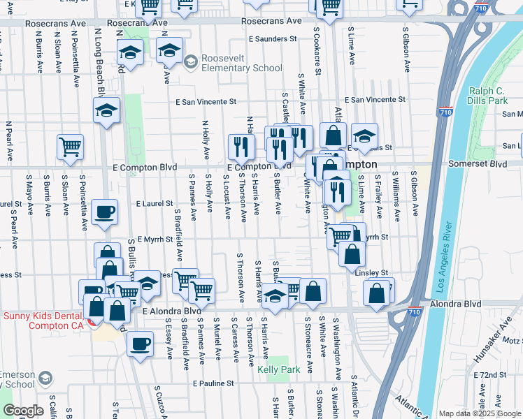 map of restaurants, bars, coffee shops, grocery stores, and more near 310 South Harris Avenue in Compton