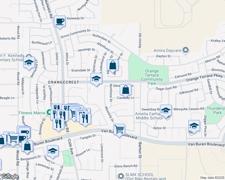 map of restaurants, bars, coffee shops, grocery stores, and more near 19908 Promenade Circle in Riverside