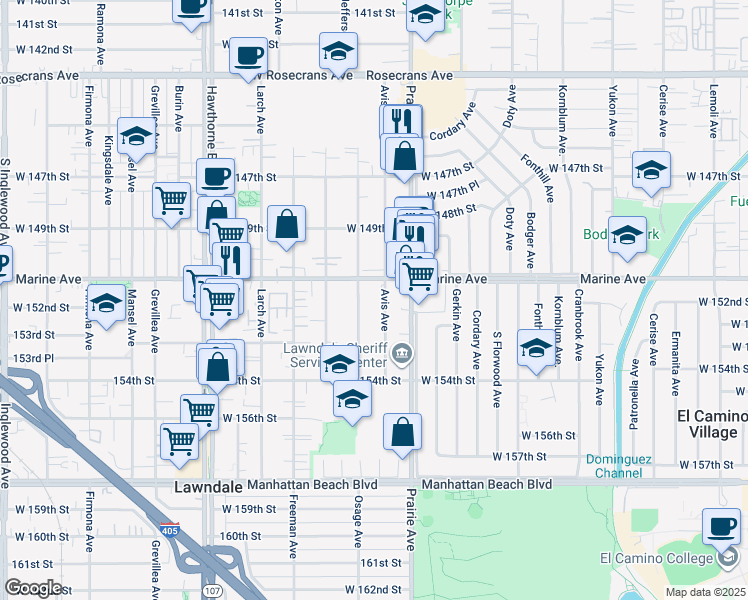 map of restaurants, bars, coffee shops, grocery stores, and more near 15127 Avis Avenue in Lawndale