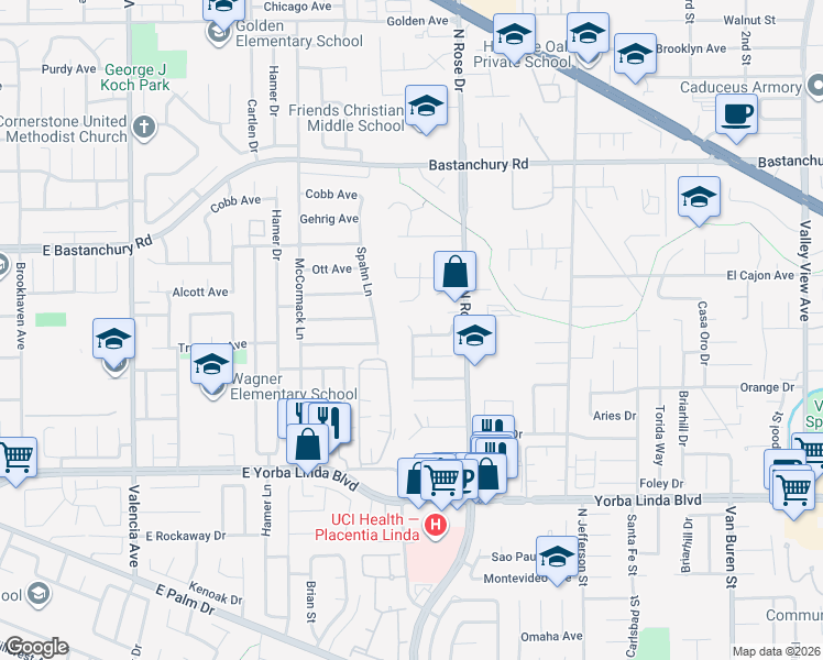 map of restaurants, bars, coffee shops, grocery stores, and more near 4582 Jeanean Lane in Yorba Linda