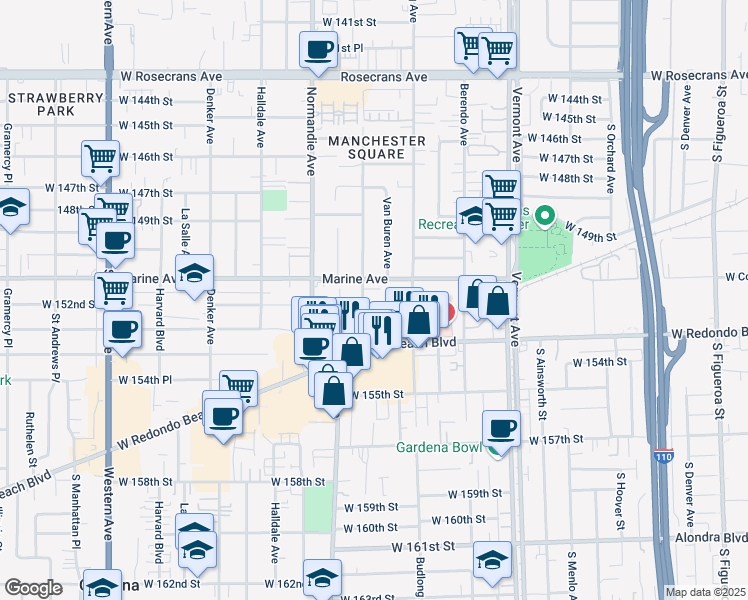 map of restaurants, bars, coffee shops, grocery stores, and more near 15130 South Raymond Avenue in Gardena