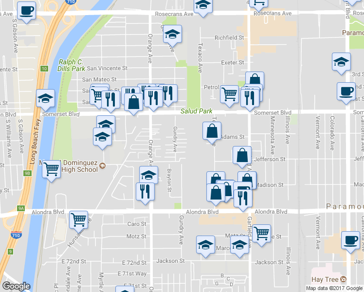 map of restaurants, bars, coffee shops, grocery stores, and more near 15328 Gundry Avenue in Paramount