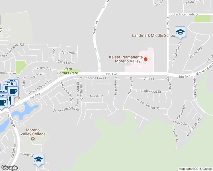 map of restaurants, bars, coffee shops, grocery stores, and more near 27005 Winter Park Place in Moreno Valley