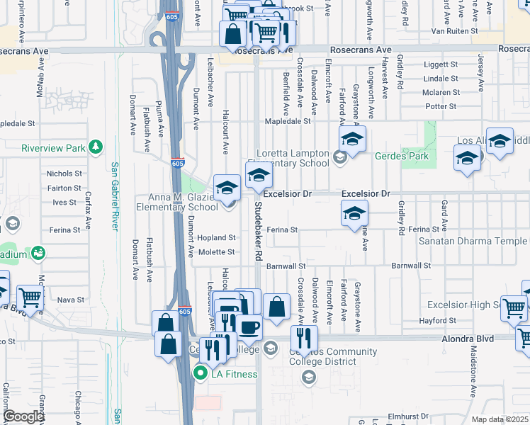 map of restaurants, bars, coffee shops, grocery stores, and more near 15014 Studebaker Rd in Norwalk