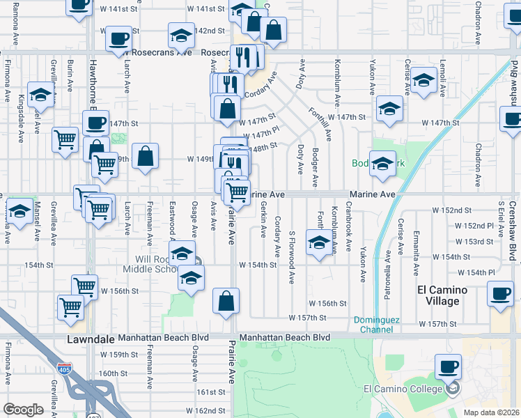 map of restaurants, bars, coffee shops, grocery stores, and more near 15123 Gerkin Avenue in Lawndale