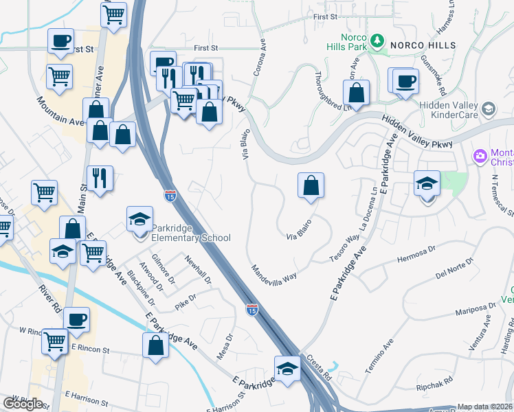 map of restaurants, bars, coffee shops, grocery stores, and more near 755 Mandevilla Way in Corona