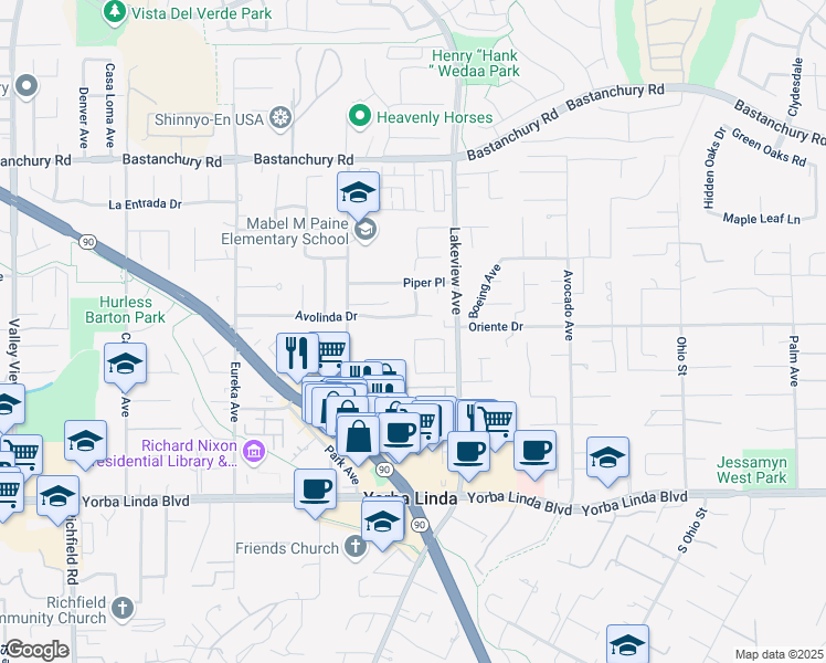 map of restaurants, bars, coffee shops, grocery stores, and more near 18382 Avolinda Drive in Yorba Linda