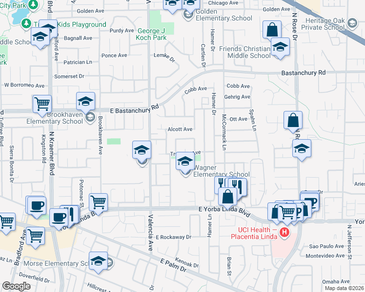 map of restaurants, bars, coffee shops, grocery stores, and more near 1713 Shaw Circle in Placentia