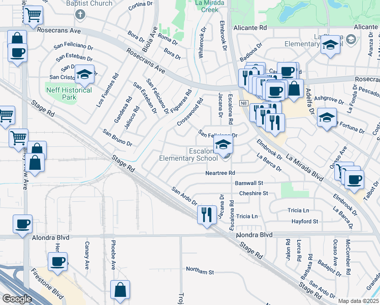 map of restaurants, bars, coffee shops, grocery stores, and more near 15112 Alderpoint Drive in La Mirada