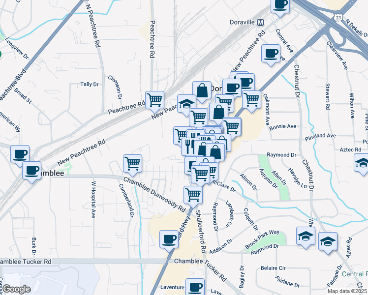 map of restaurants, bars, coffee shops, grocery stores, and more near 3578 Shallowford Road in Atlanta