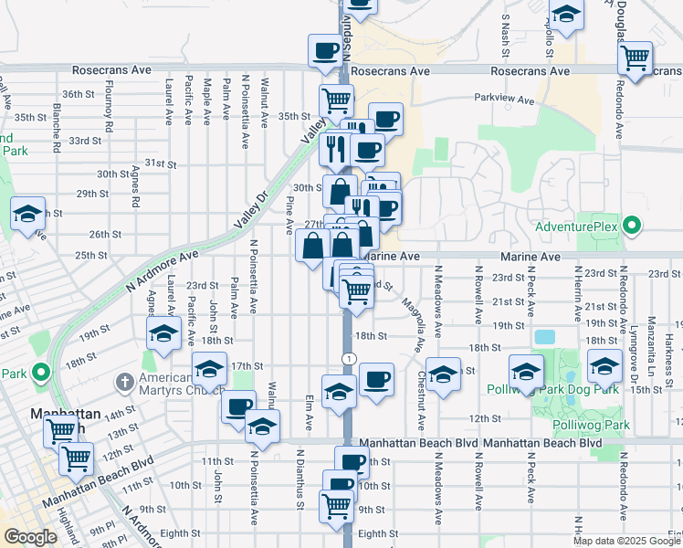 map of restaurants, bars, coffee shops, grocery stores, and more near in Manhattan Beach