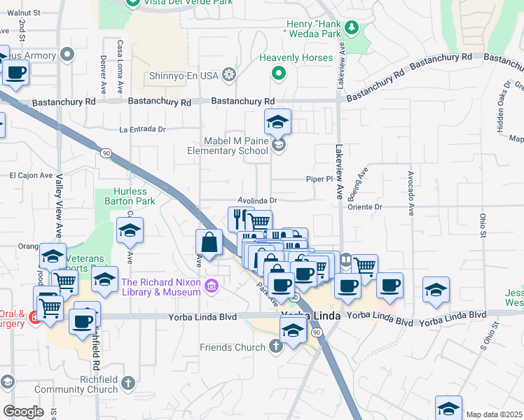 map of restaurants, bars, coffee shops, grocery stores, and more near 4661 Plumosa Drive in Yorba Linda