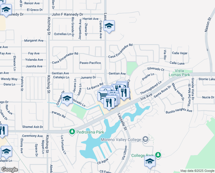 map of restaurants, bars, coffee shops, grocery stores, and more near 20 Lasselle Street in Moreno Valley
