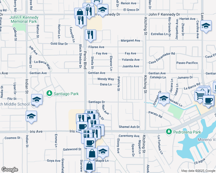 map of restaurants, bars, coffee shops, grocery stores, and more near 25189 Dana Lane in Moreno Valley