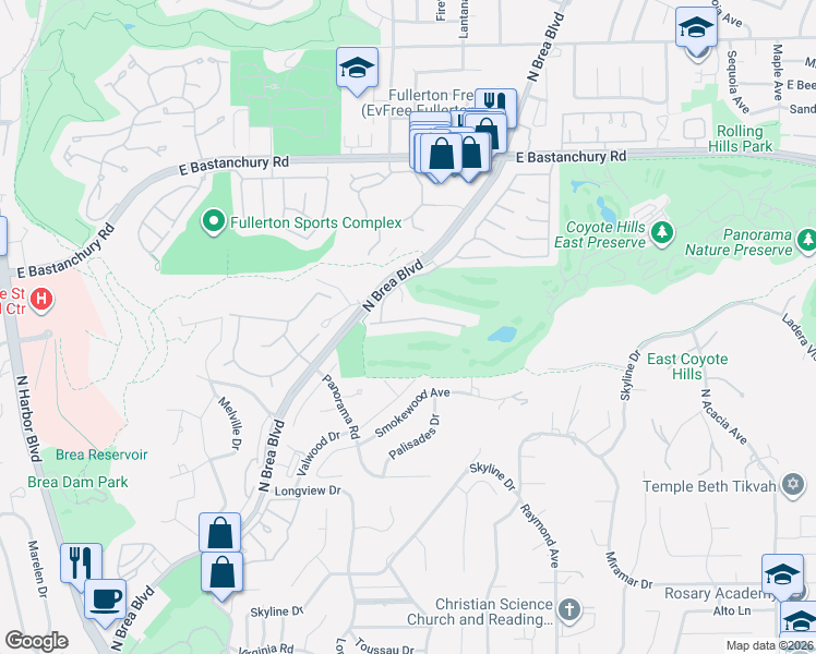 map of restaurants, bars, coffee shops, grocery stores, and more near 1278 Canterbury Lane in Fullerton