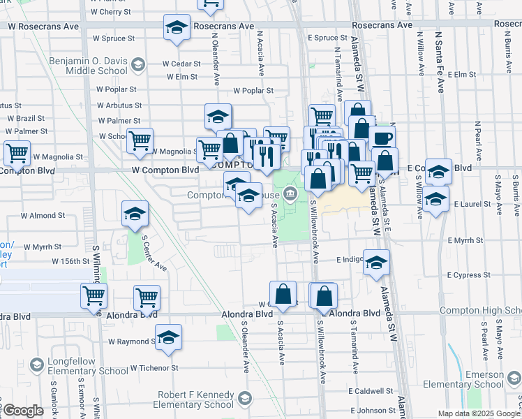 map of restaurants, bars, coffee shops, grocery stores, and more near 314 West Almond Street in Compton