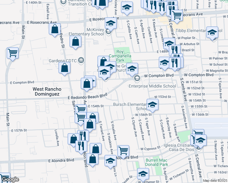 map of restaurants, bars, coffee shops, grocery stores, and more near 15202 South Visalia Avenue in Compton