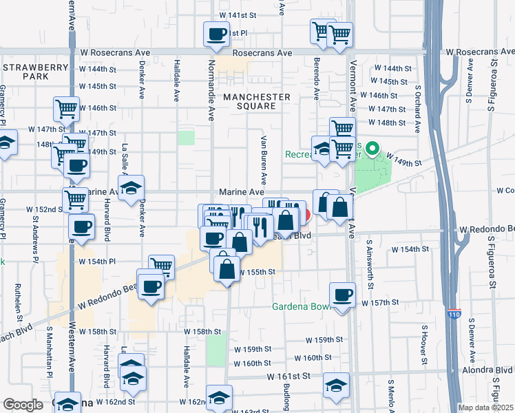 map of restaurants, bars, coffee shops, grocery stores, and more near 15130 South Raymond Avenue in Gardena