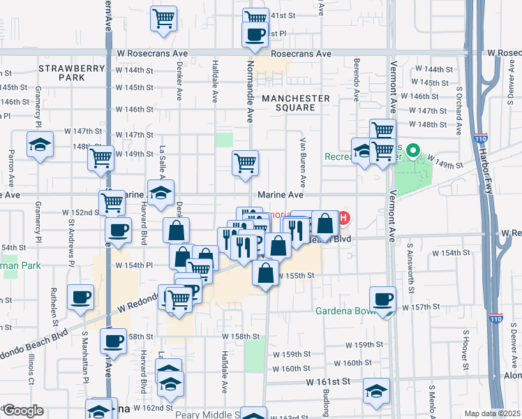 map of restaurants, bars, coffee shops, grocery stores, and more near 15121 Normandie Avenue in Gardena