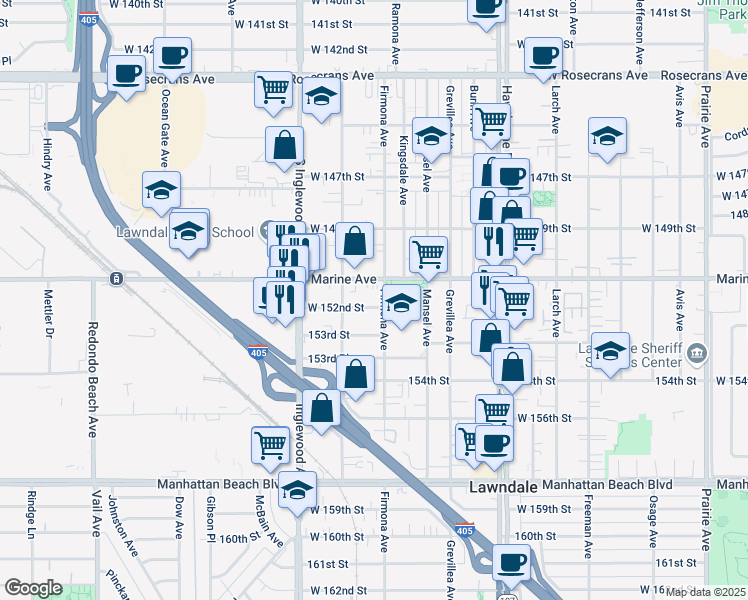 map of restaurants, bars, coffee shops, grocery stores, and more near 15125 Firmona Avenue in Lawndale