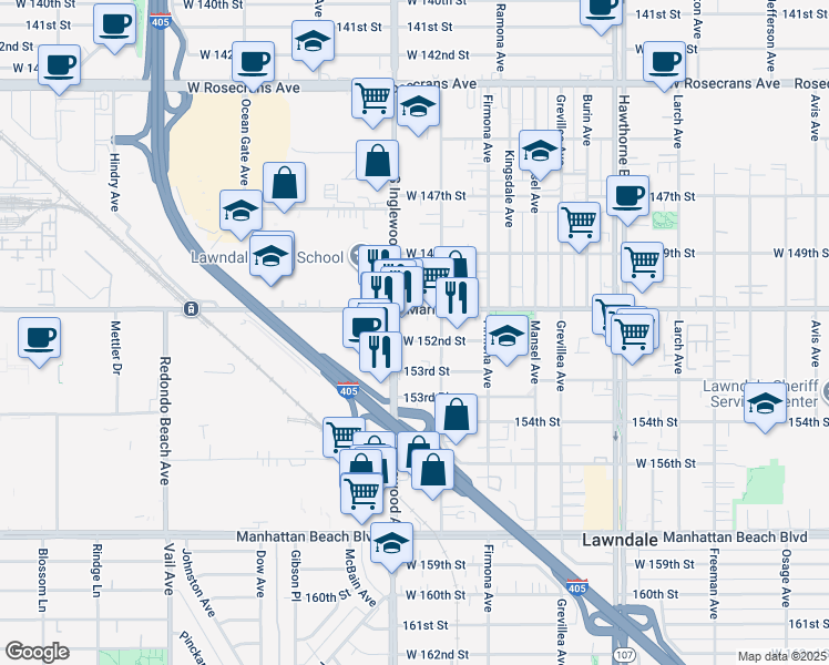 map of restaurants, bars, coffee shops, grocery stores, and more near 4729 1/2 West 152nd Street in Lawndale
