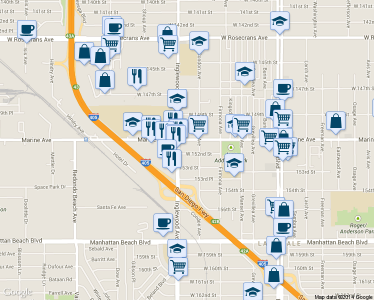 map of restaurants, bars, coffee shops, grocery stores, and more near 4729 1/2 West 152nd Street in Lawndale