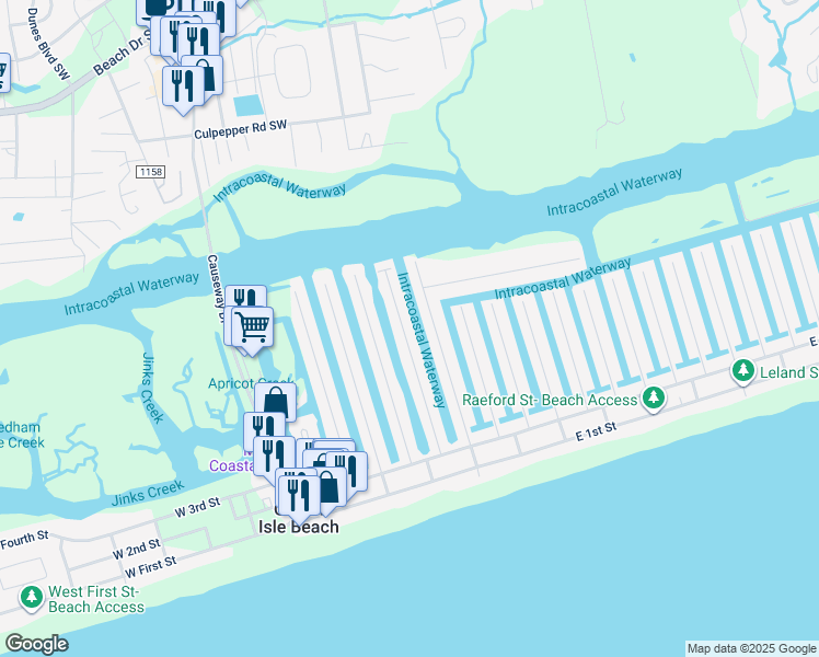 map of restaurants, bars, coffee shops, grocery stores, and more near 62 Wilmington Street in Ocean Isle Beach