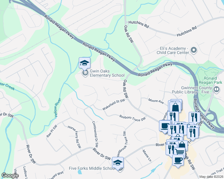map of restaurants, bars, coffee shops, grocery stores, and more near 3132 Garmon Oak Court in Lawrenceville