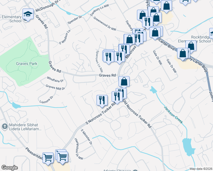 map of restaurants, bars, coffee shops, grocery stores, and more near 9917 East National Circle Northwest in Tucker