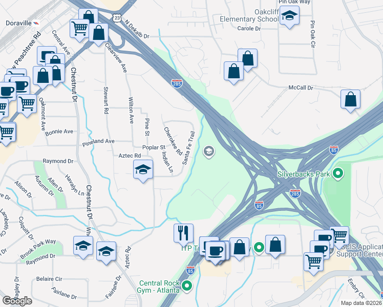 map of restaurants, bars, coffee shops, grocery stores, and more near 3523 Santa Fe Trail in Doraville