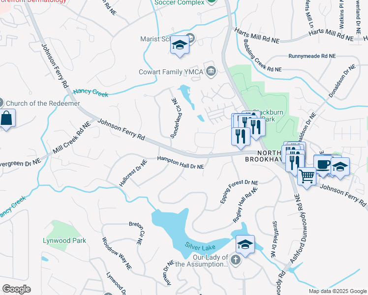 map of restaurants, bars, coffee shops, grocery stores, and more near 1918 Johnson Ferry Road Northeast in Brookhaven