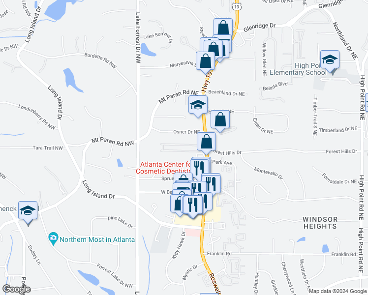 map of restaurants, bars, coffee shops, grocery stores, and more near 93 Chemin De Vie Northeast in Atlanta