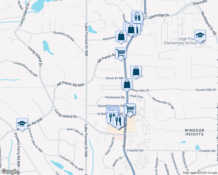 map of restaurants, bars, coffee shops, grocery stores, and more near 5455 Chemin De Vie Northeast in Atlanta