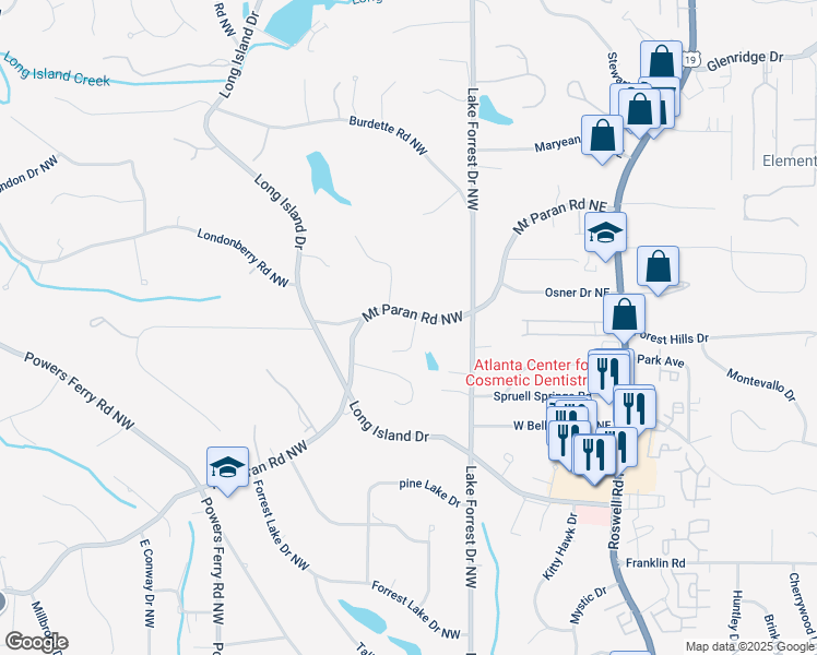 map of restaurants, bars, coffee shops, grocery stores, and more near 56 Mount Paran Road Northwest in Atlanta